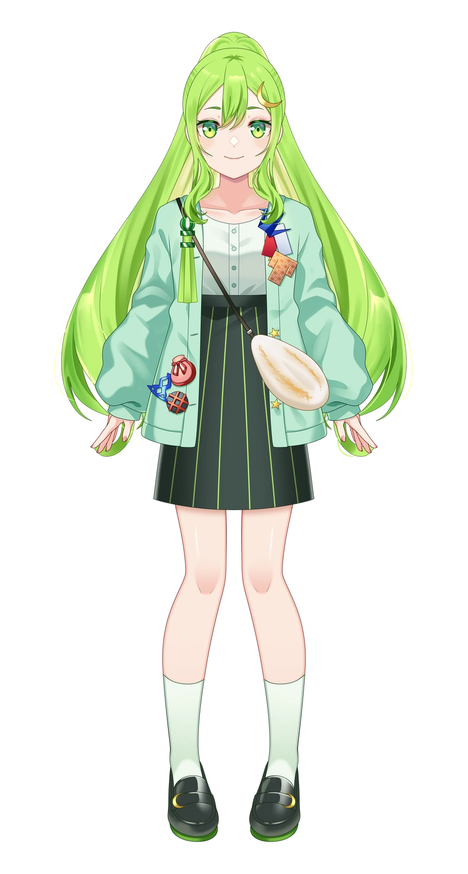 緑の髪と仙台のモチーフを身につけた光月ひかりの全身キャラクターデザイン
