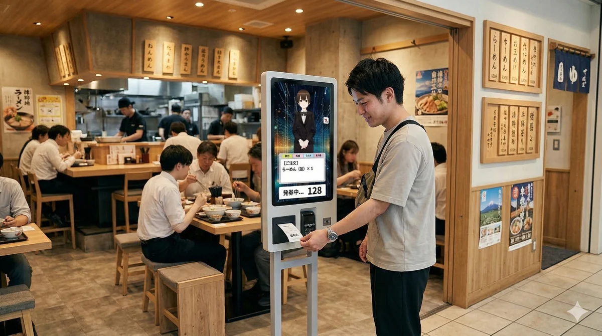 飲食店でAICOのキオスク端末を使って注文・発券するイメージ