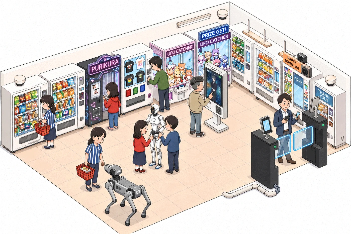 AIアバター、ロボット、自動販売機、入退場ゲートを配置したAICO-stationの店舗構成イメージ
