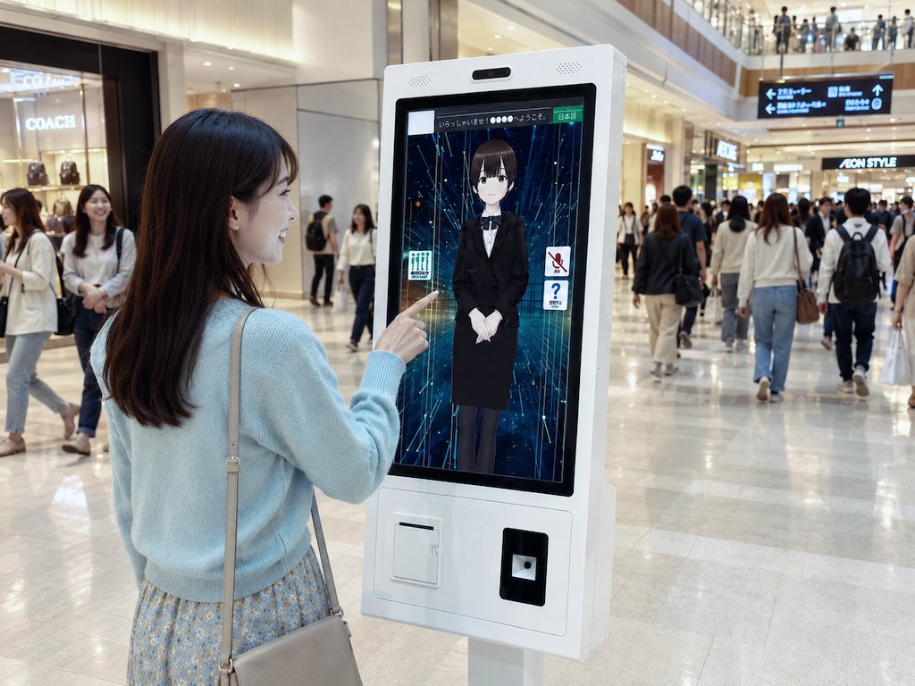 AIアバター端末（キオスク型）を利用する来訪者